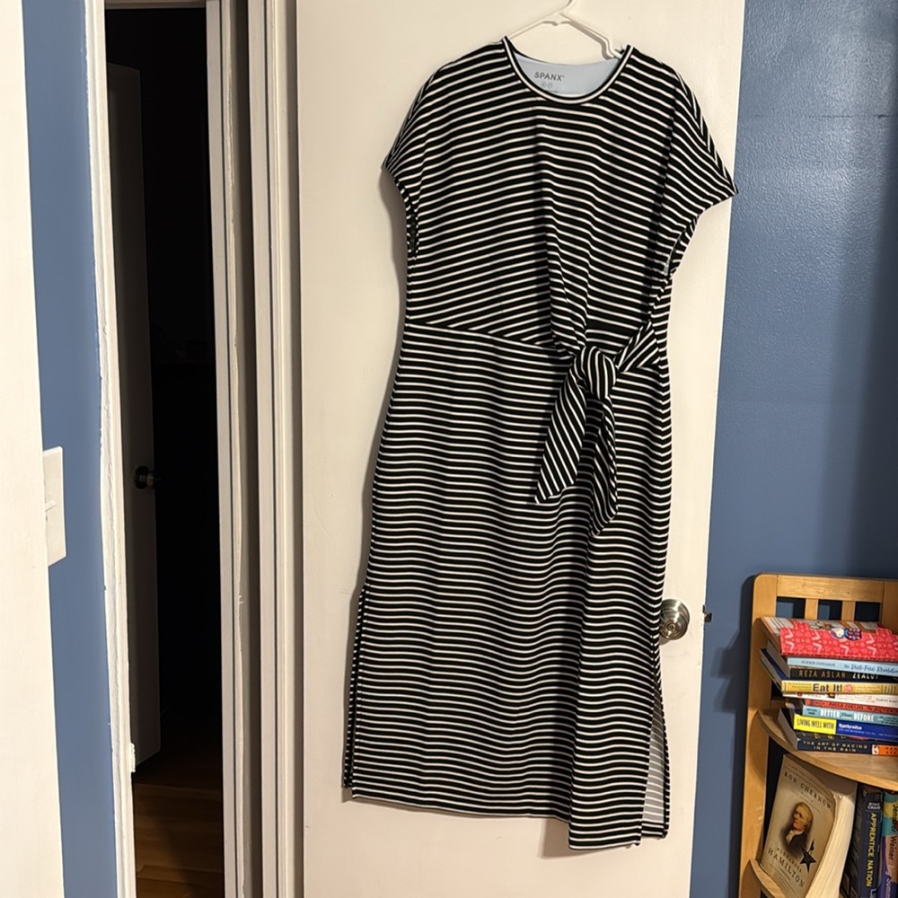 SPANX Black and White Striped Midi Dress